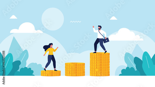 Man and woman walk on growing stacks of gold coins against a nature background to represent wealth building and career advancement.