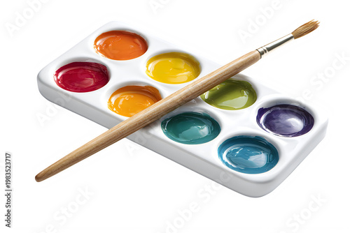 Watercolor paint set with wooden brush isolated on transparent background