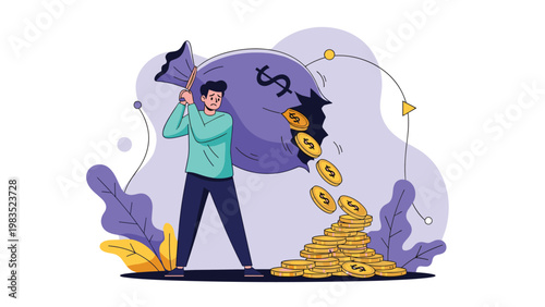 Concerned man carrying a heavy money bag with coins leaking out through a hole representing financial loss or inflation.