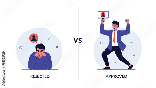 Sad man labeled as REJECTED is contrasted with a joyful man celebrating with his profile picture labeled as APPROVED in hiring.