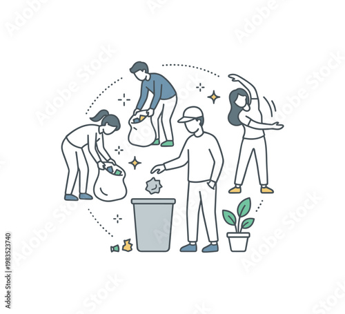 Friends and neighbors engaged in a healthy outdoor task with one person at center dropping collected waste into a bin while others