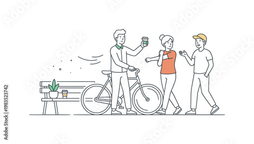 Casual friends chatting and enjoying coffee at a park