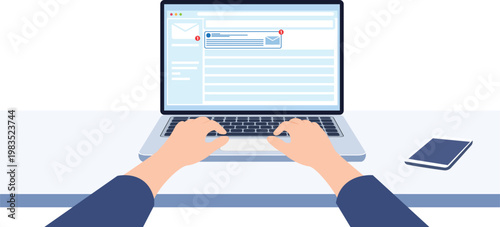 Typing Laptop  Keyboard Email Marketing and Online Communication Concept laptop front view hand type laptop vector illustration