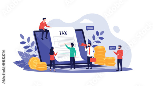 Business team managing tax returns and financial reports on a giant laptop screen with coins and stacks of money.
