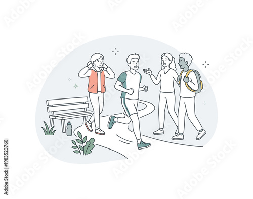 Group of friends sharing an active outdoor moment with one person at center stepping forward in a light jog while others walk