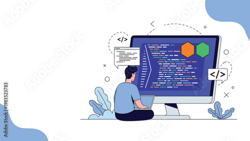 Software developer sitting on the floor while coding on a large computer monitor and a laptop in a modern workspace.