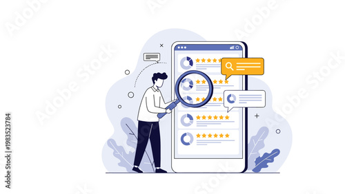 Man analyzing customer star ratings and financial business data charts on a giant smartphone screen using a magnifying glass.