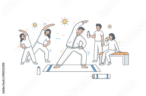 Friends practicing balanced lifestyle together with one central figure leading gentle stretches while others follow and sip water