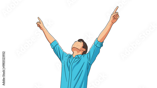 Young man in blue shirt celebrating victory and raising arms while pointing to the sky with happy expression.