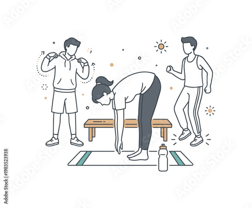 Group of friends preparing for a run with one central person stretching arms overhead while others bend legs and loosen shoulders