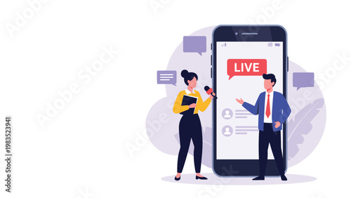 Professional news reporter interviewing a businessman for a live broadcast shown on a giant smartphone screen.