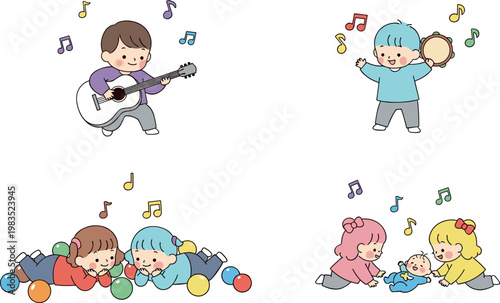 Cute kids playing music vector illustration set with children singing dancing and playing guitar and tambourine in playful scenes