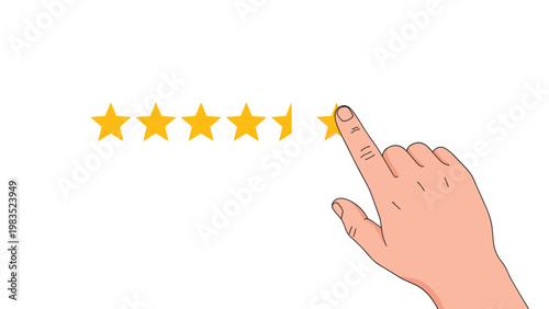 Person choosing the final fifth star in a row of gold rating stars to give a perfect feedback review on an app.