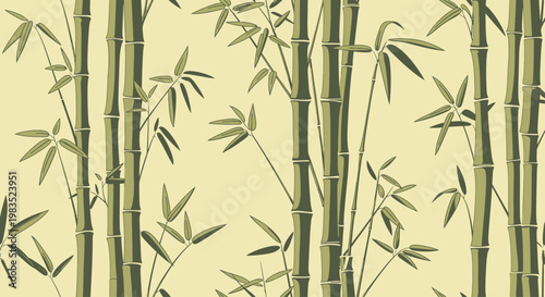 A patterned wallpaper featuring stylized green bamboo stalks and leaves