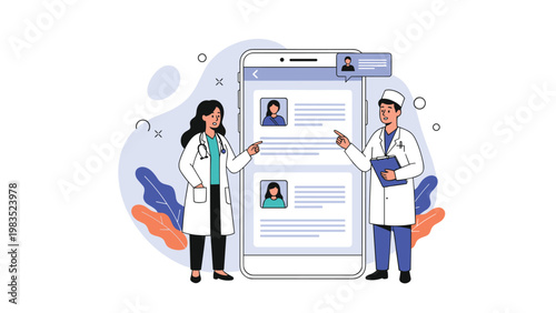 Female and male doctors standing beside a large smartphone screen showing medical profiles and health information.