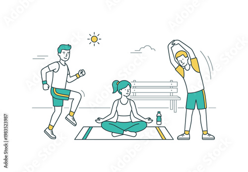 Group of friends in a park combining running and yoga with one central person sitting cross legged on a mat while others jog