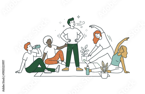 Friends enjoying a healthy rest moment with one person at center placing hands on hips and breathing deeply while others hydrate
