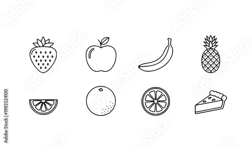 Minimal Fruit Line Icons Strawberry Apple Banana Vector Set