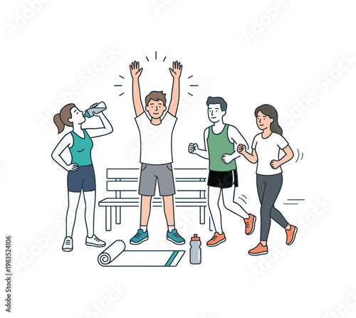 Group of friends sharing a healthy routine with one central person stretching arms upward while others around jog lightly in place