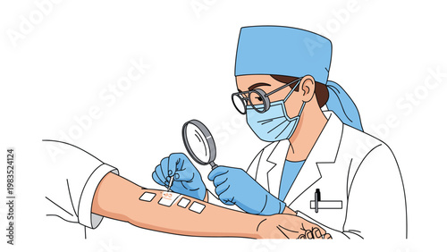 Dermatologist examining a patient's skin for allergy symptoms using a magnifying glass and medical instruments.