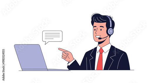 Professional male customer service agent wearing headset and pointing to laptop screen while providing online help.