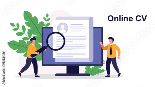 Job seekers examining professional resume online through computer screen using magnifying glass to find best candidate for recruitment.