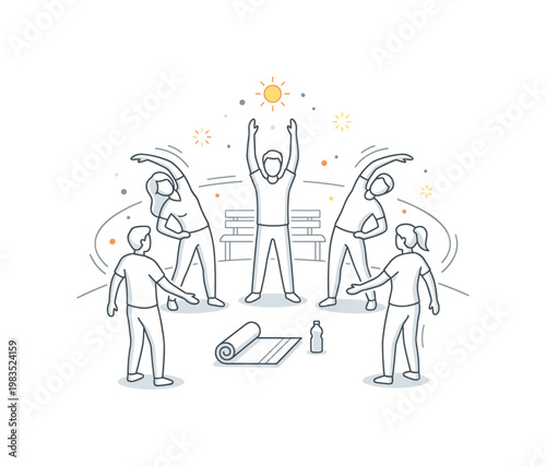 Friends sharing a fresh morning stretch circle with one central figure reaching upward while others bend sideways and loosen arms