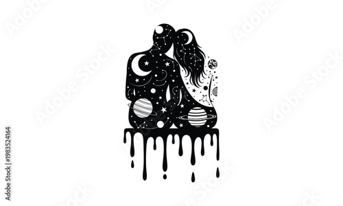 Cosmic connection a black and white illustration of figures embracing under a celestial night sky