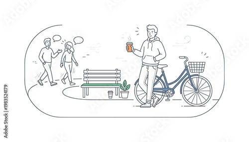 Friends sharing a relaxed outdoor moment with one central person holding a coffee cup while standing beside a bicycle as others