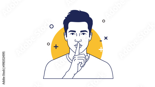 Young man making silence gesture with finger on lips against yellow circle background representing secret information or quiet atmosphere.