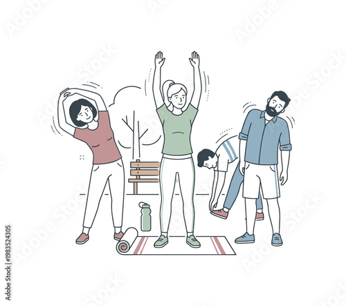 Group of friends gathered in a park for a morning wellness routine with one central person stretching arms upward while others jog