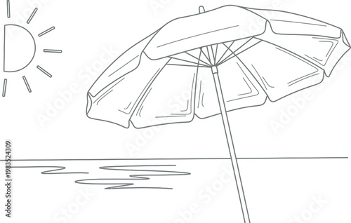 Simple hand drawn illustration of a classic beach umbrella standing firmly against the summer sun rays isolated on a plain white background for summer vacation holiday travel and leisure time concepts