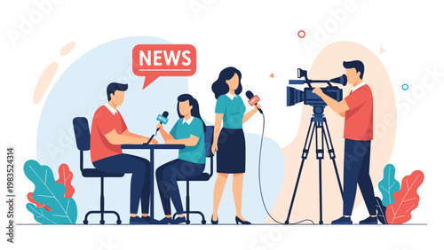 Professional news team filming a live interview with two people sitting at a table in a television studio.