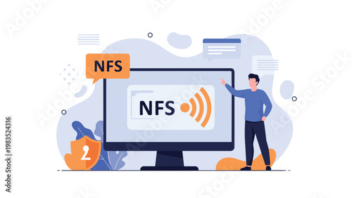 Professional man pointing at computer monitor showing near field communication technology logo for digital data transfer and connectivity.