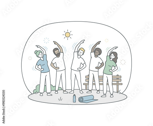 Diverse group of people stretching together outdoors in a park on a sunny day