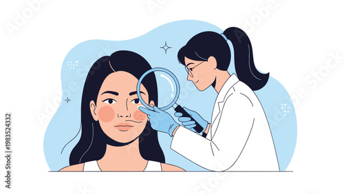 Female doctor in a white lab coat examining a young woman's skin with a magnifying glass in a medical clinic.