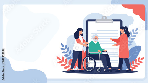 Caregivers assisting elderly man in wheelchair at nursing home with giant medical document for senior health monitoring and support.