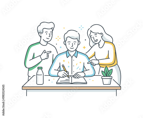 Friends studying together planning a project with one central figure writing ideas while others point and nod in agreement around