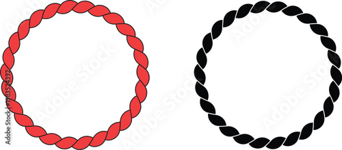 Elliptical rope knot with red and black twisted cords vector abstract oval rope knot design red and black nautical style.