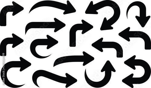 Collection of black arrows diverse directions and curvature