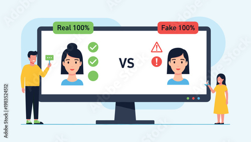 Digital screen displaying comparison between real and fake identity verification with checklist and warning icons.