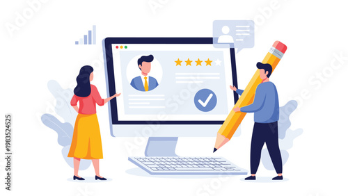 Recruitment team using computer monitor to review candidate profile with professional rating stars and checkmark for selection process.