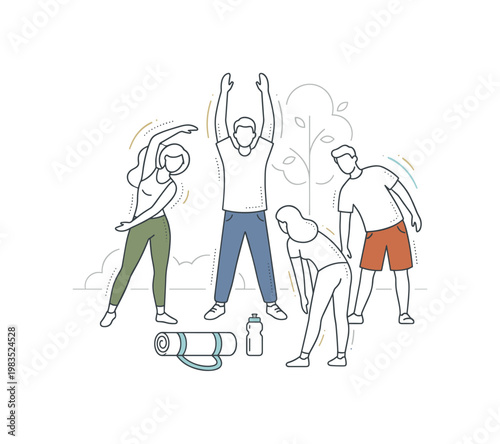 Casual group of friends warming up with easy stretches as one person reaches upward at center while others gently twist and lean