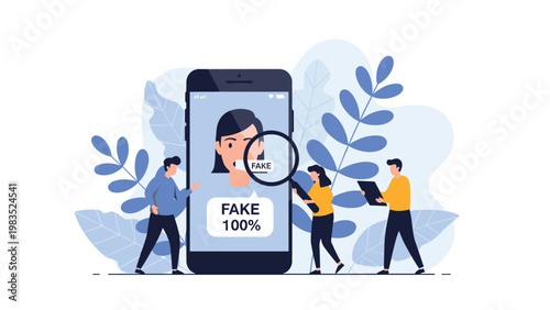 Digital security experts using magnifying glass on smartphone to detect deepfake video or fake identity for online platform safety.