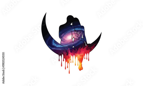 Cosmic silhouette a meditative figure embraces the universe within a crescent moon shape