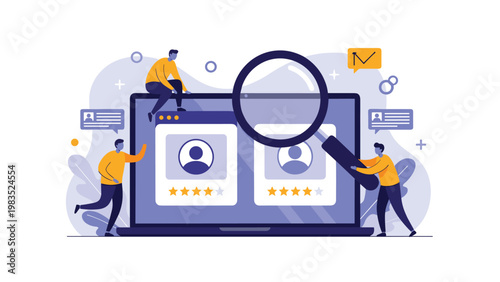 Team of small people evaluating user profiles and ratings on a large laptop screen using a giant magnifying glass.