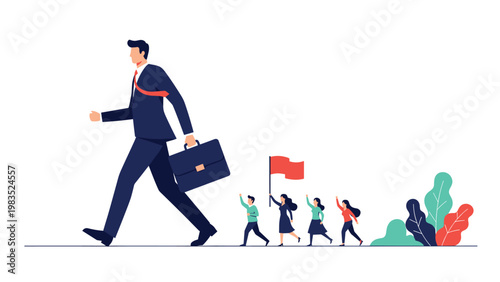 Powerful business leader walking with briefcase followed by team of employees carrying red flag for corporate growth and success.