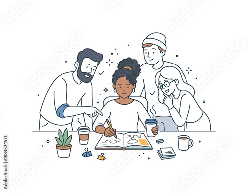 Friends working together on creative tasks with one central figure drawing a concept while others point and nod in agreement