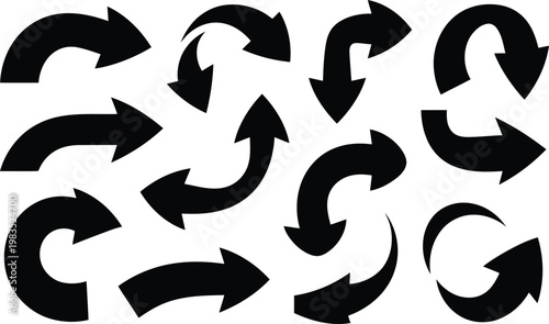 Collection of black arrows diverse directions and circular movements