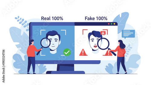 Technology for detecting deepfake content on computer monitor comparing real and fake faces with warning signs and analysis tools.